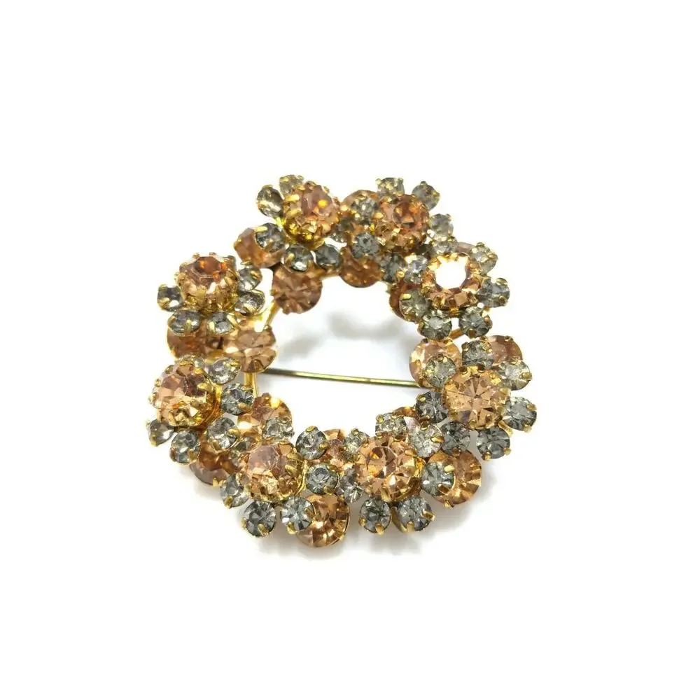 Austria Crystal Topaz Gray Rhinestone Wreath Brooch, 1950s Vintage Jewelry
